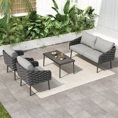 Chic Crate-Modern Outdoor Patio Furniture Set - 4-Piece Metal Wrought Iron Deep Seating Sofa Set with Cushions, Grey for Porch Garden Backyard Balcony