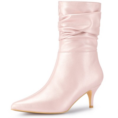 Perphy Women's Pointy Toe Slouches Kitten Heels Mid Calf Boots