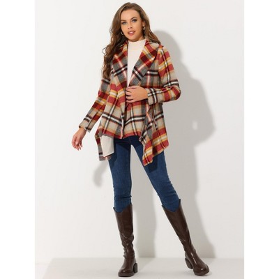 Allegra K Women's Shawl Collar Asymmetric Hem Thin Belted Plaids Wrap Coat X-Small Red Brown — фото 3