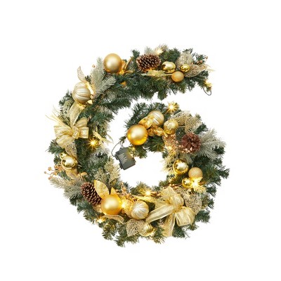 6 FT Pre-Lit Christmas Garland, Artificial Christmas Garland with Warm White Lights, Gold Balls, Bow, Pine Cones for Fireplace, Mantle