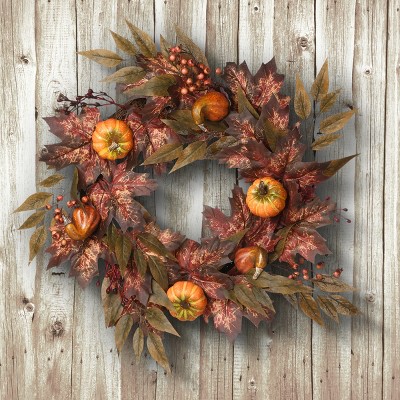 24" Artificial Maple Leaves Autumn Wreath with Pumpkins and Berries