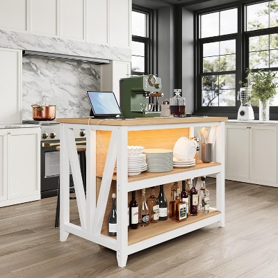 Wooden Kitchen Island with Storage, Power Outlet & LED Lights, Large Kitchen Island Table with 3 Tier Microwave Stand Oven Shelf, Coffee Bar Table