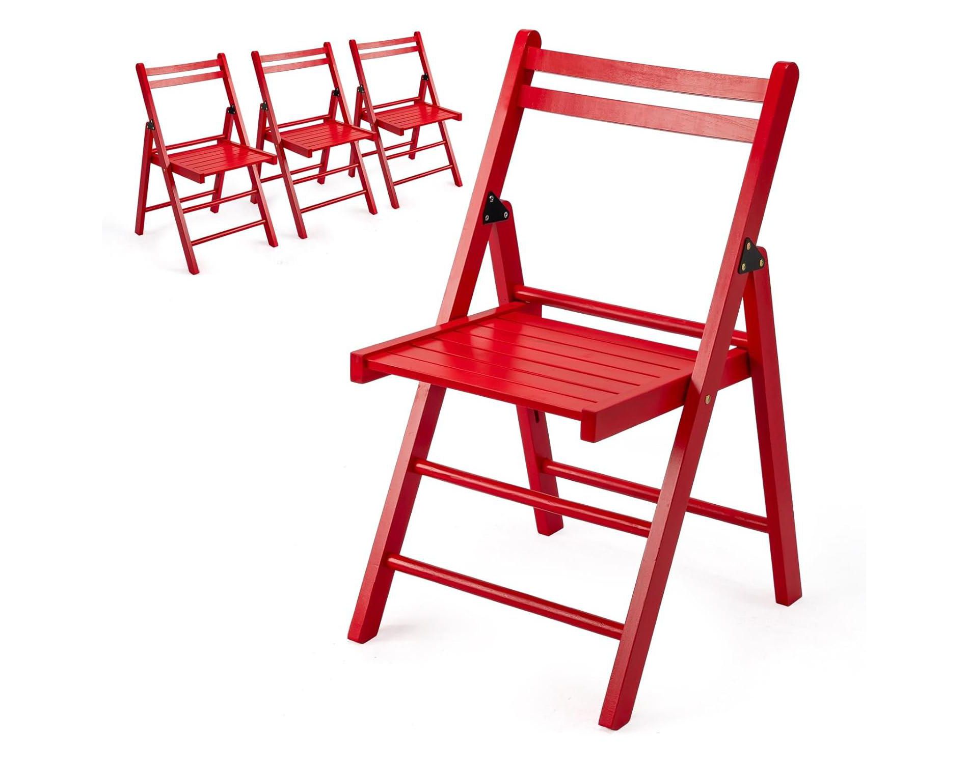 VINGLI 4 Pack Wood Folding Chairs with Comfortable Curved Backs, Portable and Durable Wooden Folding Chairs,Red, Set of 4