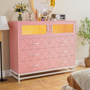 Garvee Modern Dresser for Bedroom with 6 Drawers & 2-Door Storage Cabinet ¨C Multi-Functional TV Stand with LED Lights & Charging Station, Pink - 1 of 4