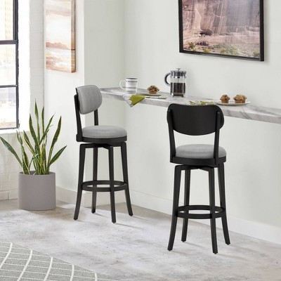 Classic Black Wood Swivel Barstool with Slate Gray Upholstery