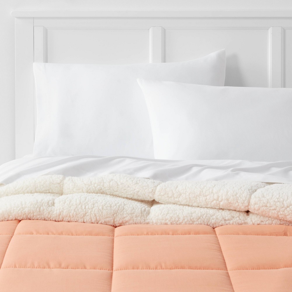 Full/Queen Sherpa Washed Microfiber Comforter Light Orange - Room Essentials