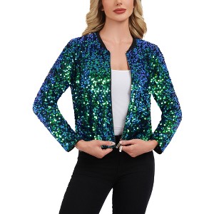 Anna-Kaci Women's Sequin Bomber Jacket with Zipper Front and Ribbed Trim - 1 of 4