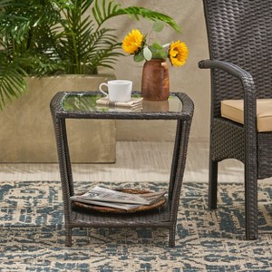 Vynxaria Outdoor  SIDE TABLE AS ORIGINAL W/GLASS TOP All Weather small Coffee Table for Garden Yard Patio Deck Balcony Shed Front Porch - 1 of 4