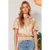 Slickblue Women's Satin Smocked Waist Blouse, Puff Elbow Sleeves, Mock Neck Bow, Turquoise/Taupe, Size S-L - 2 of 4