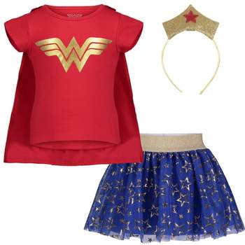 DC Comics Justice League Wonder Woman Girls Costume T-Shirt Tulle Skirt Headband and Cape 4 Piece Set Toddler