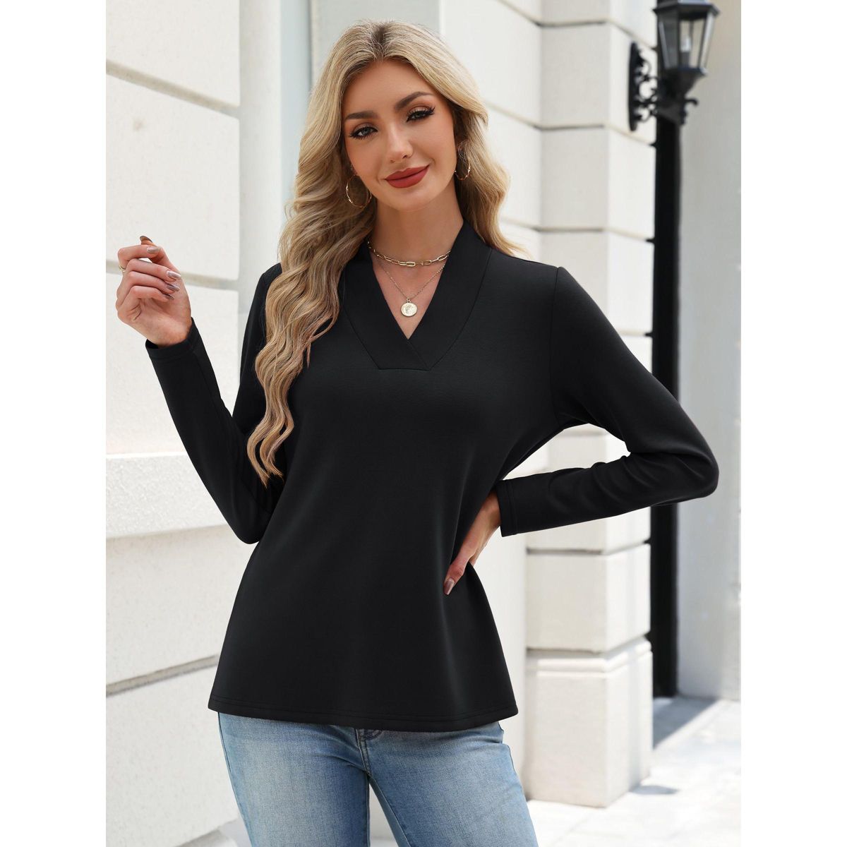 Zeagoo Women's V-Neck Solid Long Sleeve Relaxed Fit Casual Blouse Top