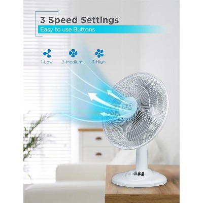 12 in. 3 Fan Speed Settings, Oscillating Portable Fan in White with Adjustable Tilt