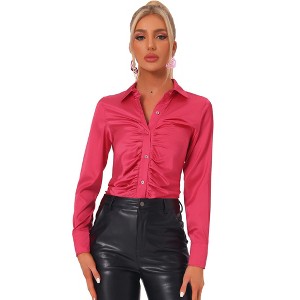 Allegra K Women's Long Sleeve Fashion Point Collar Button Up Satin Blouse - 1 of 4