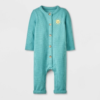 Baby Waffle Romper - Cat & Jack™ Green 18M: Lightweight Thermal Fabric, Long Sleeve, Sun Pattern, Front Button Down