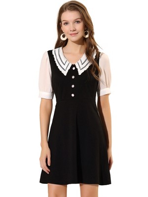 INSPIRE CHIC Women's Hollow-Lace Doll Collar Chiffon Button Cuffs Zip Back A-Line Dress