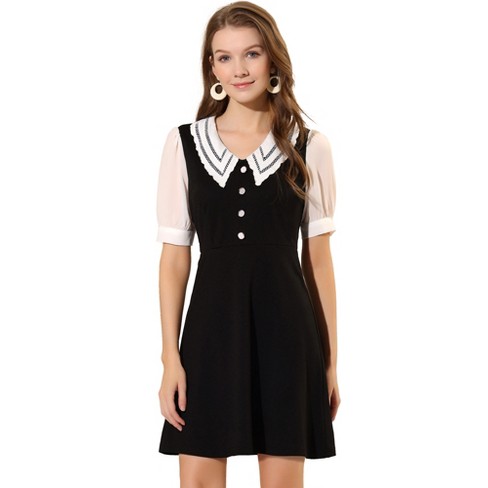 Allegra K Women's Peter Pan Collar Contrast Button Decor Long Sleeve Flare  Dress