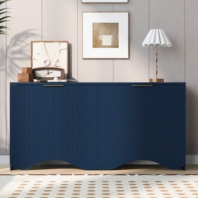 Vertical Stripes And Wavy Design Of A Four-Door Cabinet, Modern Storage Cabinet, 63 Inch Long Accent Cabinet-Cuddlewood
