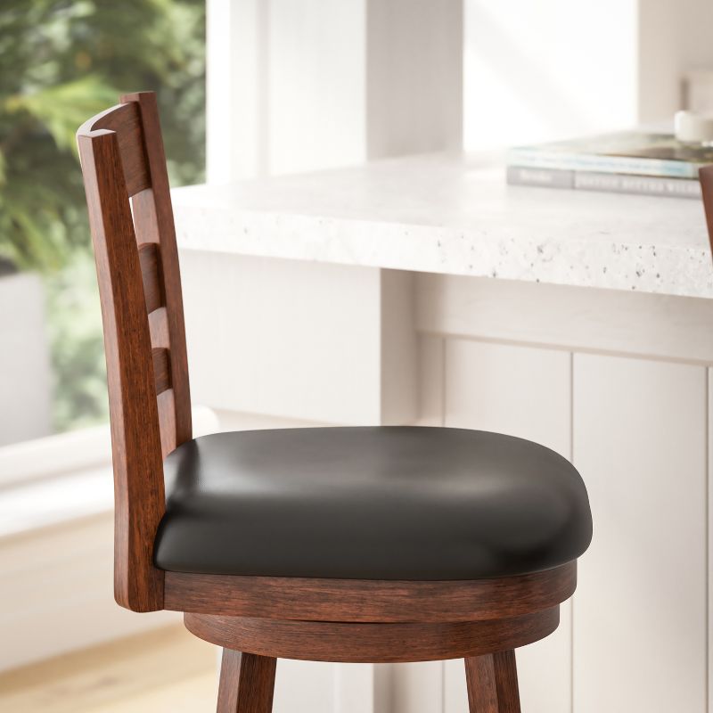 Merrick Lane 30" Classic Wooden Ladderback Swivel Bar Height Stool with Upholstered Padded Seat and Integrated Footrest, 6 of 13