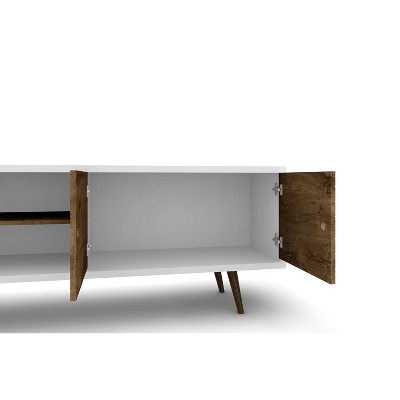 White and Rustic Brown Mid-Century Modern TV Stand with Cabinet