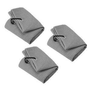 Unique Bargains Super Absorbent Waffle Pattern Tri-Fold Golf Towels with D Clips 3 Pcs - 1 of 4