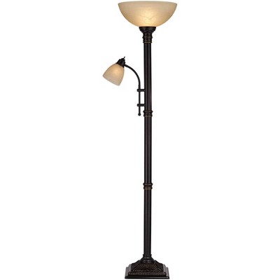 Regency Hill Traditional Torchiere Floor Lamp 2-Light Oiled Rubbed Bronze Amber Glass Shades for Living Room Reading Bedroom