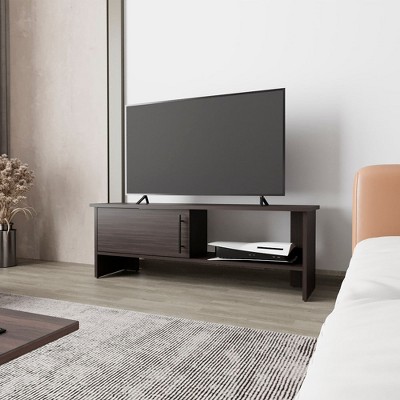 Chic Crate-Rock Point Media Console – Stained Walnut & White TV Stand w/ Sliding Door & Open Shelving, Multi-Room Furniture