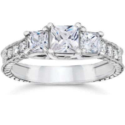 Pompeii3 1ct Vintage Three Stone Princess Cut Diamond Engagement Ring 14K White Gold