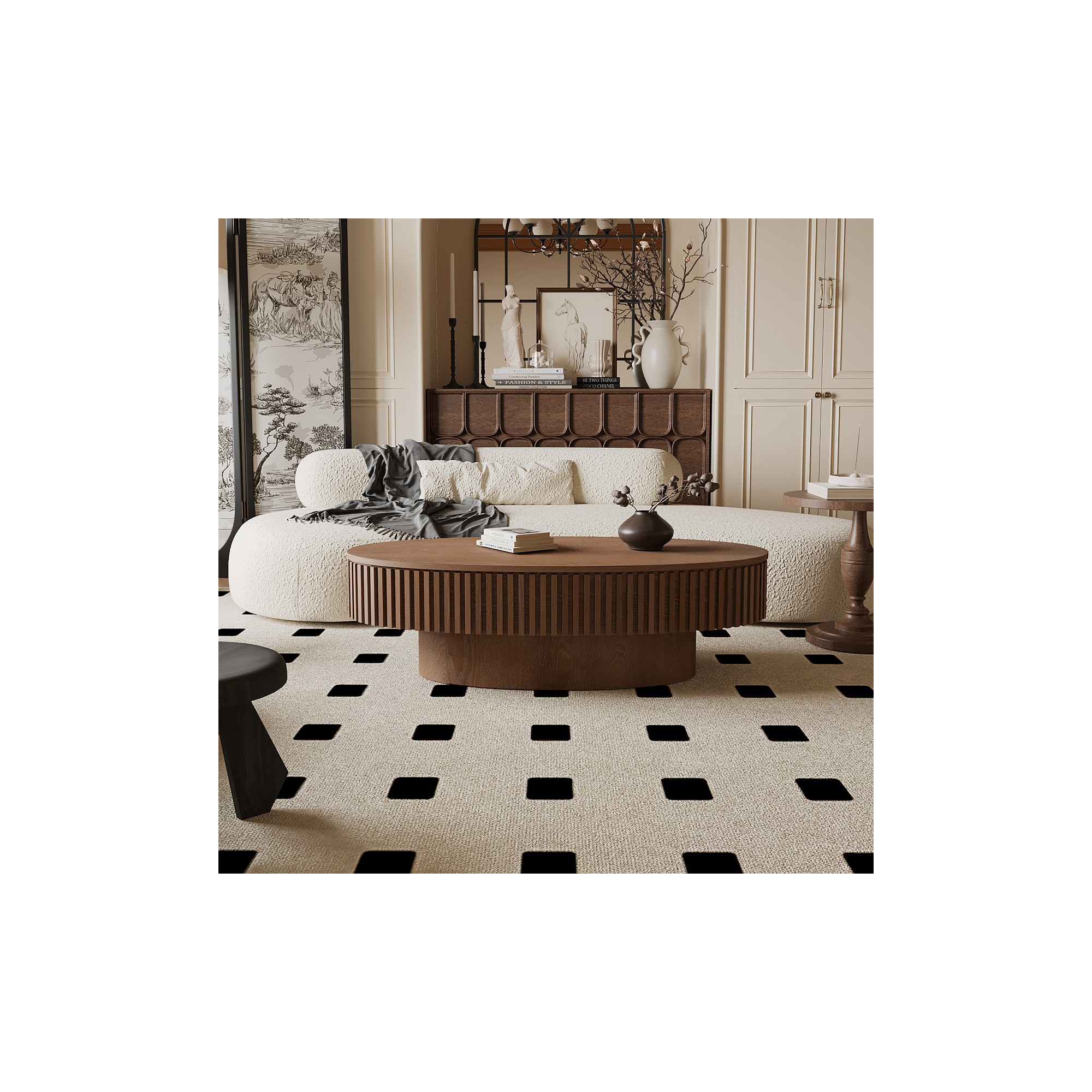47" Modern Oval Walnut Coffee Table with Storage, Center Table with Removable Tabletop for Living Room or Apartment - Panipeachy
