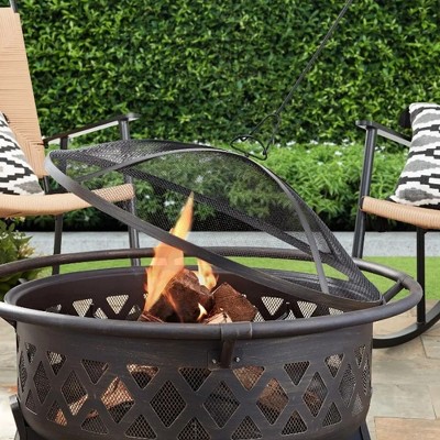 35-Inch Black Steel Round Lattice Fire Pit with Safety Ring