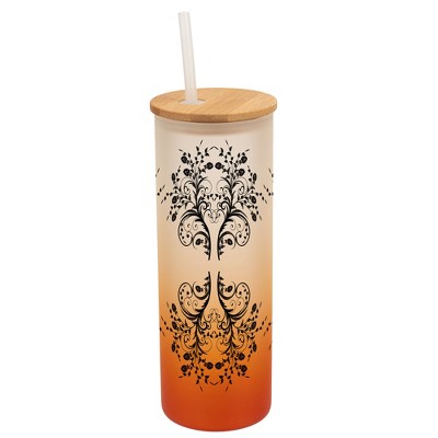 Elanze Designs Vintage Floral Damask Pattern Wrap-Around Design 25 Ounce Frosted Gradient Glass On-The-Go Coffee Travel Skinny Tumbler Mug Cup, Bamboo