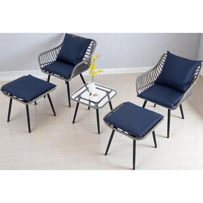 5-Piece Patio Bistro Set with Ottoman, Outdoor Wicker Furniture with Tempered Glass Table, Chairs and Footrests for Balcony, Porch, or Poolside