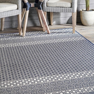 Blue Striped Synthetic Reversible Indoor/Outdoor Rug, 5x8