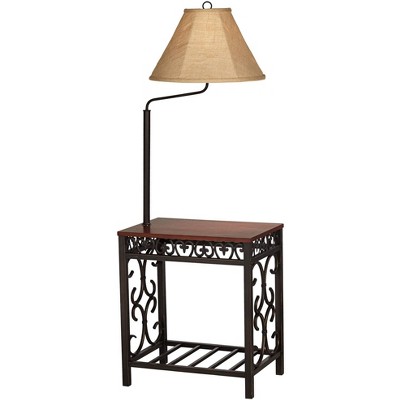 Regency Hill Traditional Floor Lamp End Table Swing Arm Wood Bronze Burlap Fabric Empire Shade for Living Room Reading Bedroom