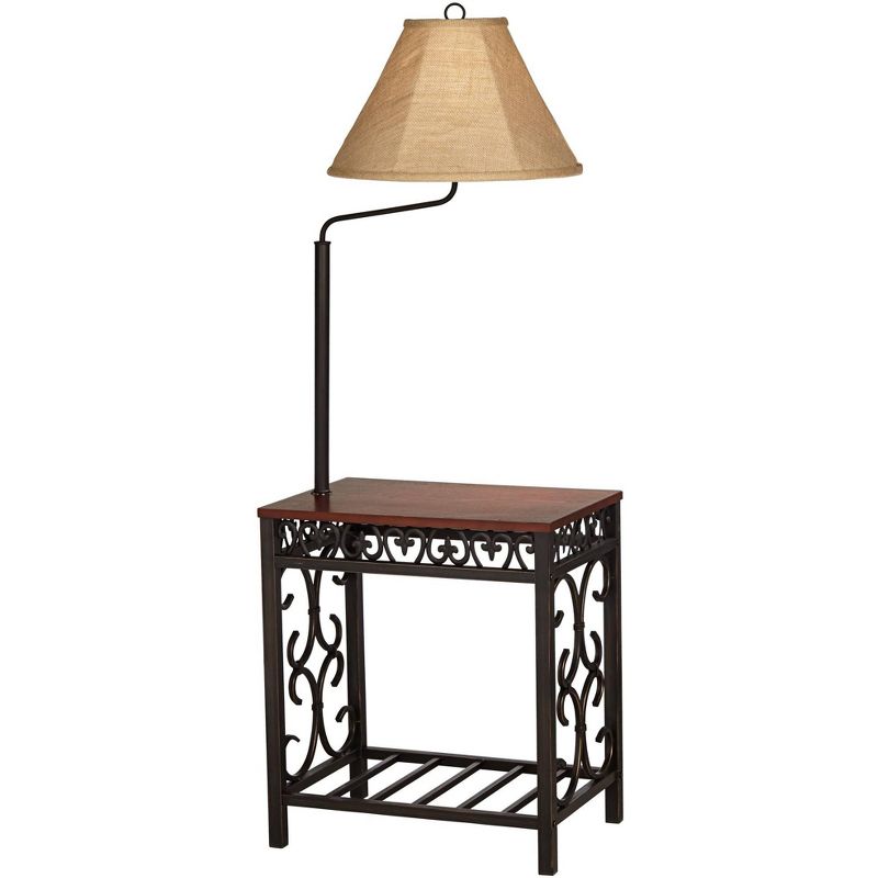 Regency Hill Travata Rustic Vintage Floor Lamp with End Table 54" Tall Bronze Scrollwork Swing Arm Burlap Fabric Empire Shade for Living Room Reading, 1 of 9