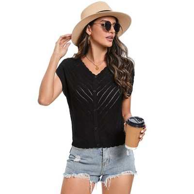 Womens Casual Solid Pullover Short Cap Sleeve V Neck Sweater Vest Openwork Knit Tank Top with Button Closure