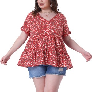 Agnes Orinda Women's Plus Size Boho Ditsy Floral V Neck Ruffle Tiered Pleated Babydoll Blouses - 1 of 4