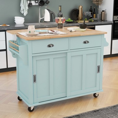 YOOCOZZ Rolling Kitchen Island with Rubber Wood Drop Leaf, Hidden Sliding Barn Doors and Large storage space