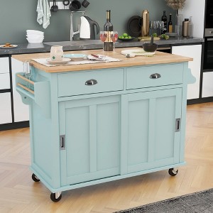 YOOCOZZ Rolling Kitchen Island with Rubber Wood Drop Leaf, Hidden Sliding Barn Doors and Large storage space - 1 of 4