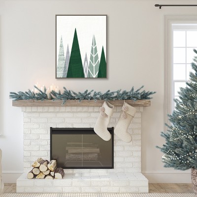 Geometric Evergreen Trees Green and Gray Framed Canvas Wall Art
