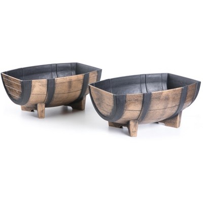 Gardenised Rustic Wood- Look Plastic Half Barrel Flower Pot Garden Planter, Pack of 2