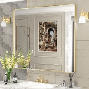 Apmir 36 in. W x 40 in. H Rectangular Aluminum Alloy Framed and Tempered Glass Wall Mirror in Brushed Gold - 1 of 4