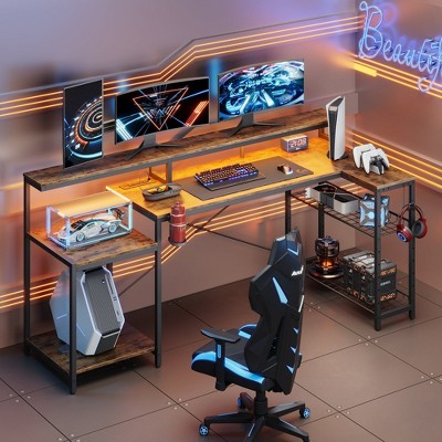 Bestier Gaming Desk 71.5 inch LED Computer Desk L Shaped Corner GamerTable with Power Outlet for Bedroom Brown