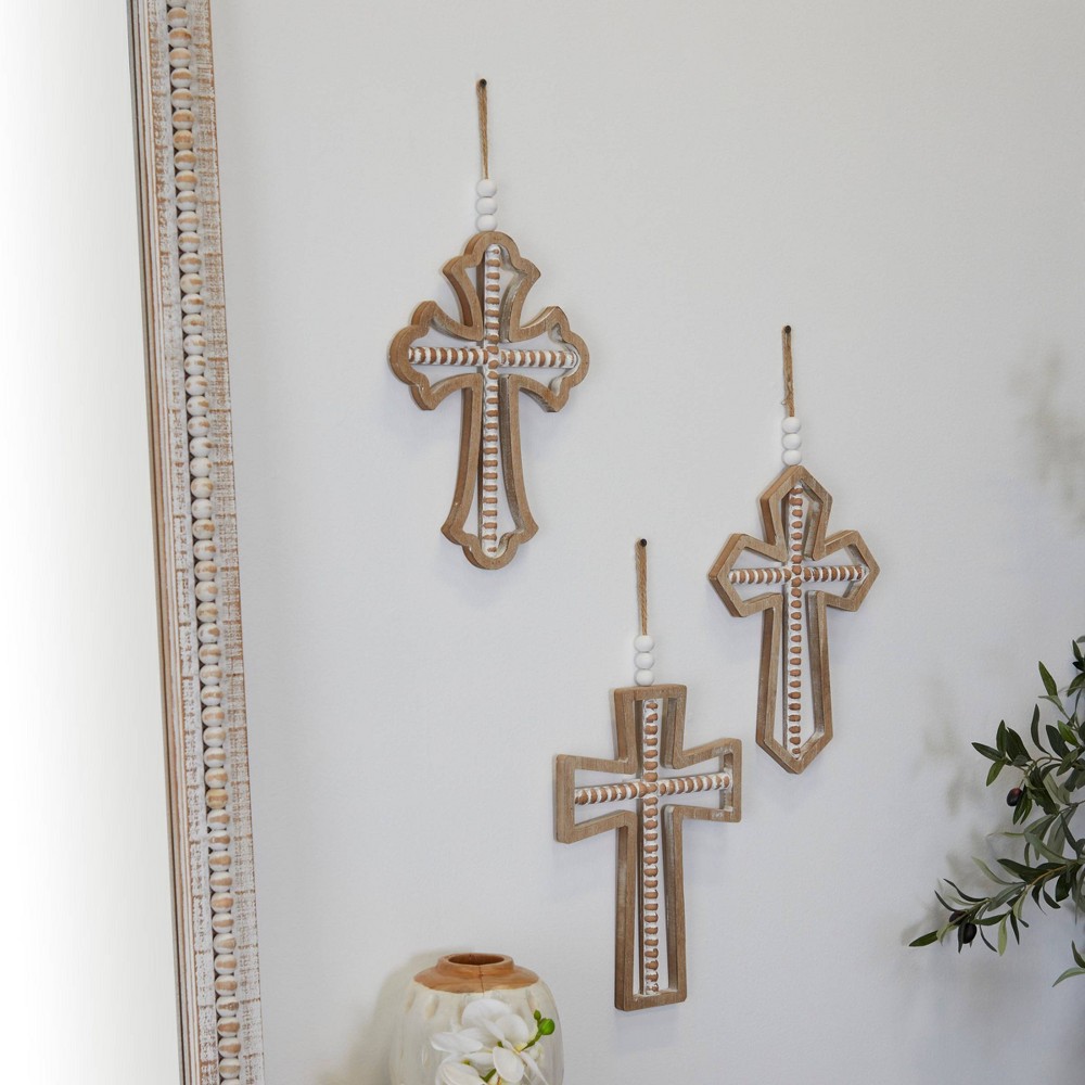 Photos - Wallpaper Set of 3 Wood Biblical Carved Beaded Crosses Wall Decors with Rope Hanger
