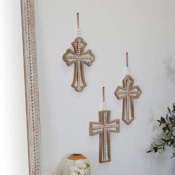 Set of 3 Wood Biblical Carved Beaded Crosses Wall Decors with Rope Hanger Brown - Olivia & May
