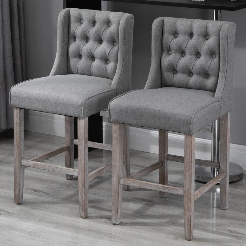 HOMCOM Counter Height Bar Stools, Tufted Wingback Armless Upholstered Dining Chair with Rubber Wood Legs, Set of 4, Gray, 2 of 7