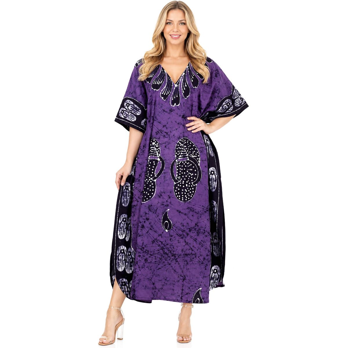 LA LEELA Summer Cotton Resortwear Holiday Caftan for Women Vacation Cruise Maxi Lounge Dress Comfortable Fit 2X-3X Purple Abstract - thumbnail 5