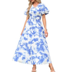 INSPIRE CHIC Women's Summer Floral Short Sleeve V Neck Belted Flowy Beach A-Line Maxi Dresses - 1 of 4
