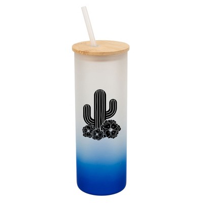 Elanze Designs Cactus Desert Flower Garden Wrap-Around Design 25 Ounce Frosted Gradient Glass On-The-Go Coffee Travel Skinny Tumbler Mug Cup, Bamboo