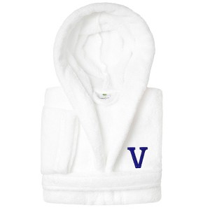 Personalized Linum Kids 100% Polyester SUPER PLUSH Double Brushed Hooded Bathrobe in Navy Bookman Font - 1 of 3
