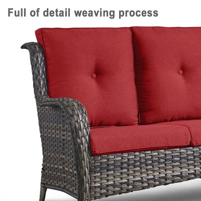 Close-up showing woven detail and cushion tufting